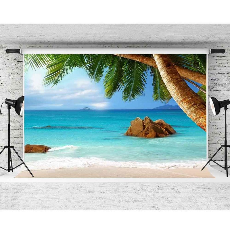 FHZON 10x7ft Tropical Beach Photography Backdrops White Cloud Blue Sky Sea Coconut Tree Background Holiday Travel Theme Party Photo Booth Props PFH566 - Image 2